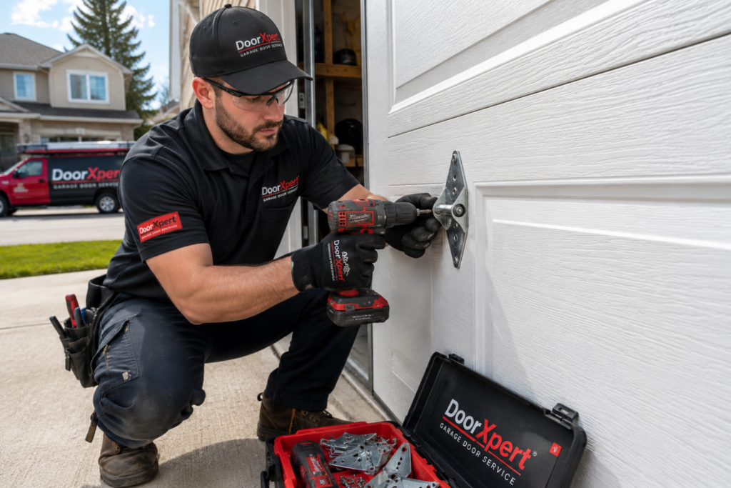 DoorXpert garage door expert installing a new hinge during a garage door repair service in Regina