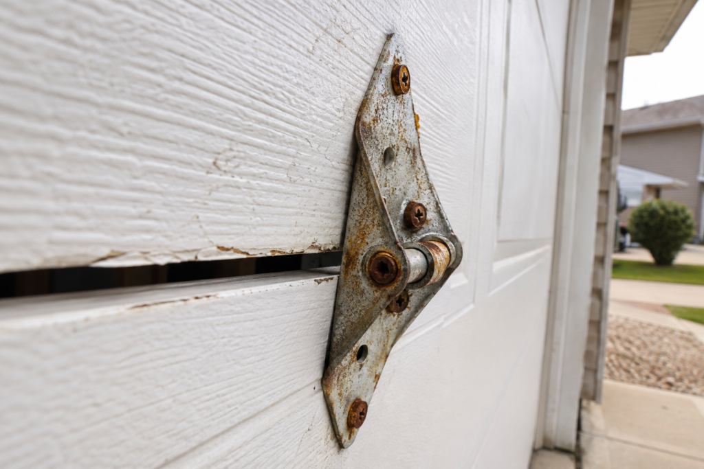 Close-up of a rusted, bent garage door hinge causing panel misalignment, garage door repair Regina