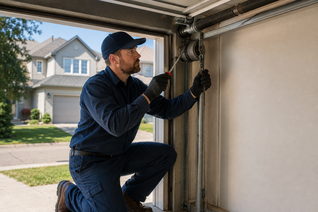 DoorXpert technician repairing a crooked garage door cable in Regina, SK