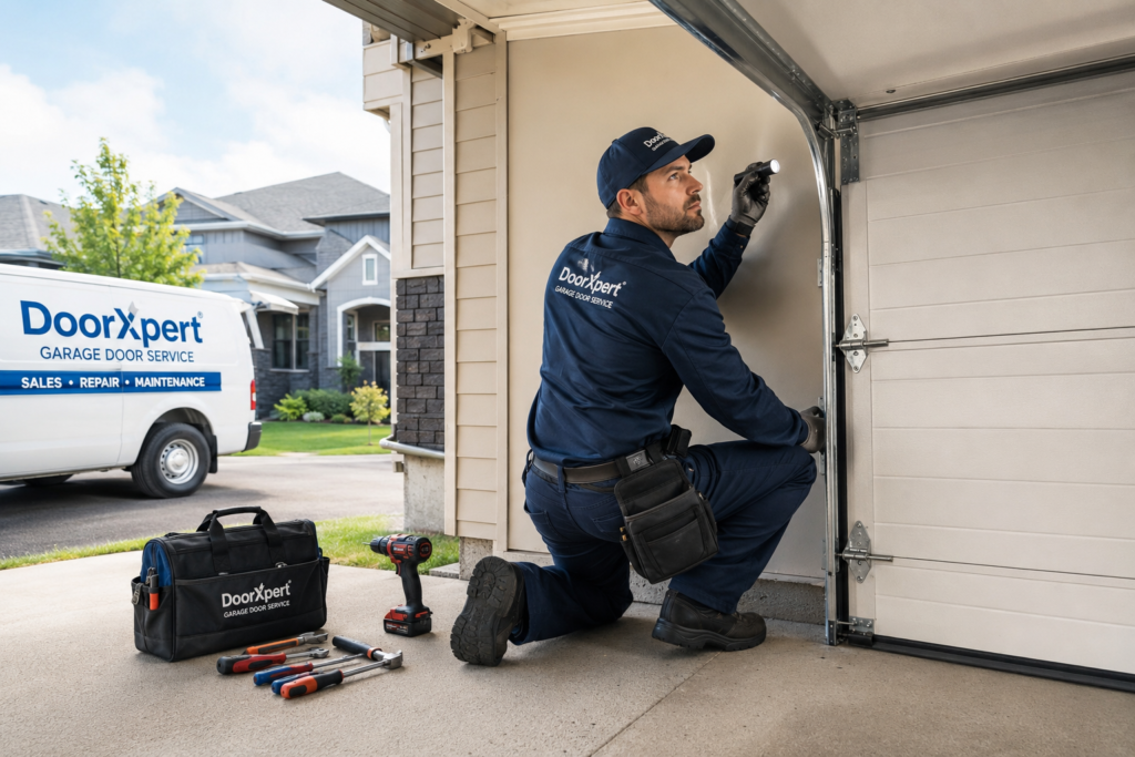 Garage door repair technician in Regina inspecting a noisy garage door track and rollers