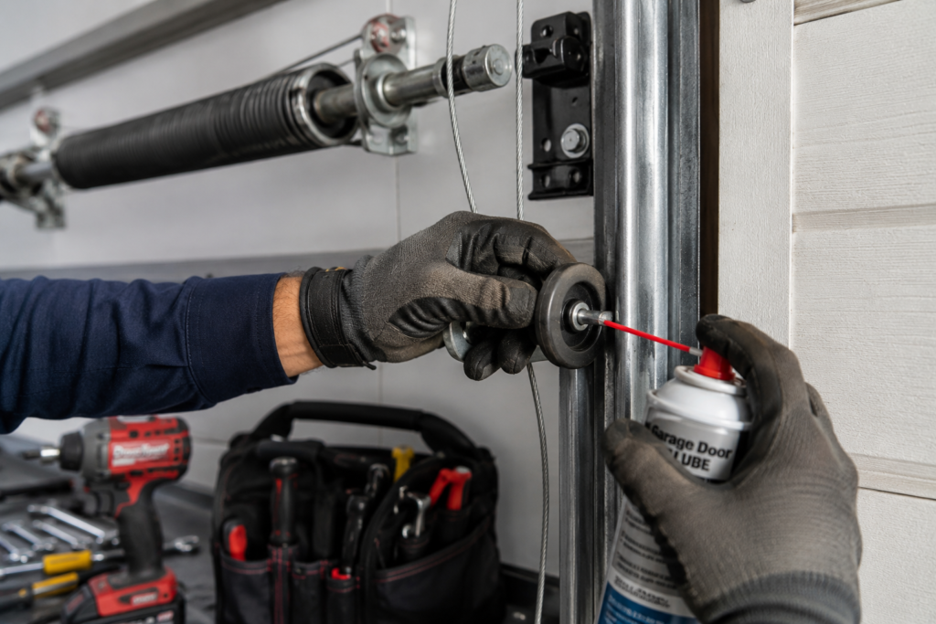 Technician replacing garage door roller and inspecting cable and spring for noise repair