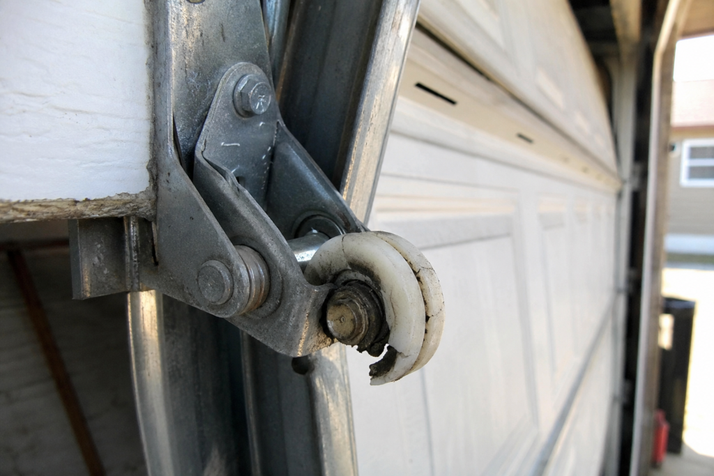 Broken garage door roller hanging off-track, showing visible wear and damage