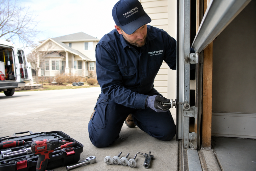 Technician performing roller repair in Regina on a broken garage door