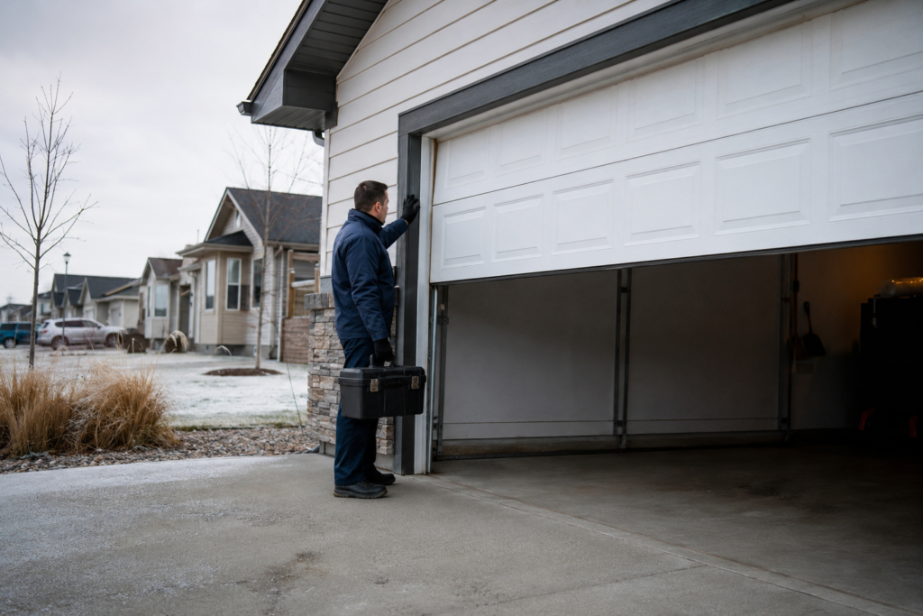 DoorXpert technician inspecting a garage door in Regina, SK during winter