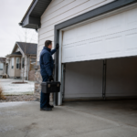 DoorXpert technician inspecting a garage door in Regina, SK during winter