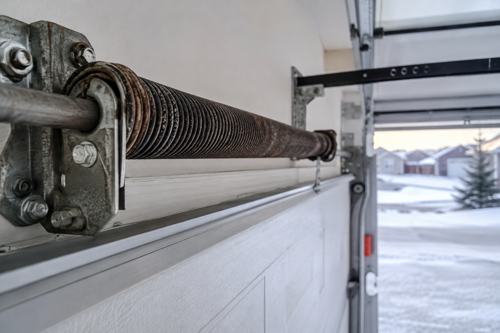 Close-up of a worn garage door torsion spring with rust, common cause of garage door spring repair in Regina